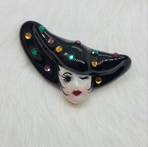 Vintage Fancy Faces Brooch Pin Handpainted Porcelain Mask with Rhinestones